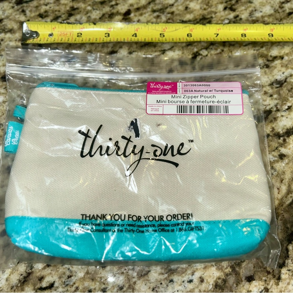 Thirty-One Natural and Turquoise Pouch NWT Canvas
